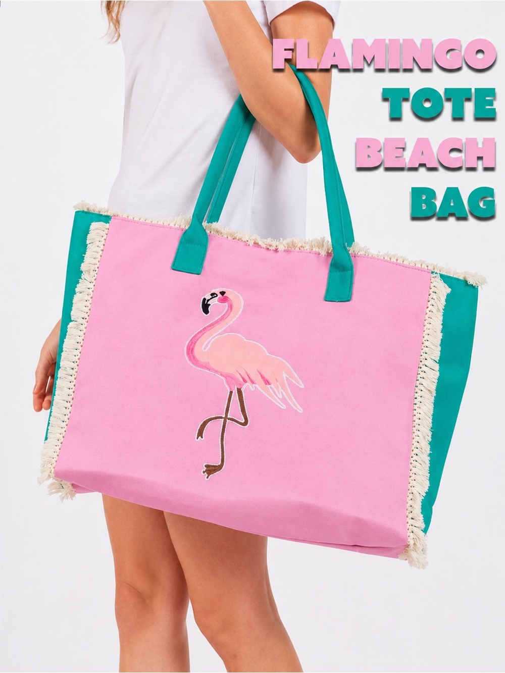 Vibrant Flamingo Pink & Green Embroidered Beach Tote Bag with Cream Fringe Trim